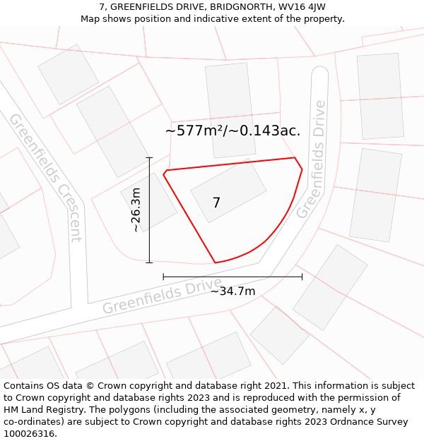 7, GREENFIELDS DRIVE, BRIDGNORTH, WV16 4JW: Plot and title map