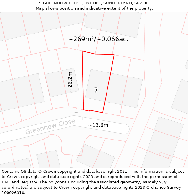 7, GREENHOW CLOSE, RYHOPE, SUNDERLAND, SR2 0LF: Plot and title map