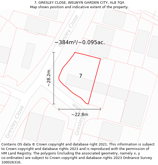 7, GRESLEY CLOSE, WELWYN GARDEN CITY, AL8 7QA: Plot and title map