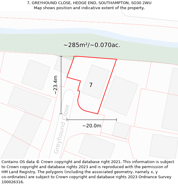 7, GREYHOUND CLOSE, HEDGE END, SOUTHAMPTON, SO30 2WU: Plot and title map