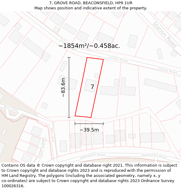 7, GROVE ROAD, BEACONSFIELD, HP9 1UR: Plot and title map