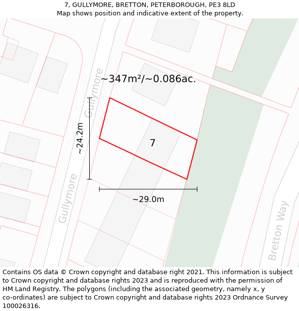 7, GULLYMORE, BRETTON, PETERBOROUGH, PE3 8LD: Plot and title map