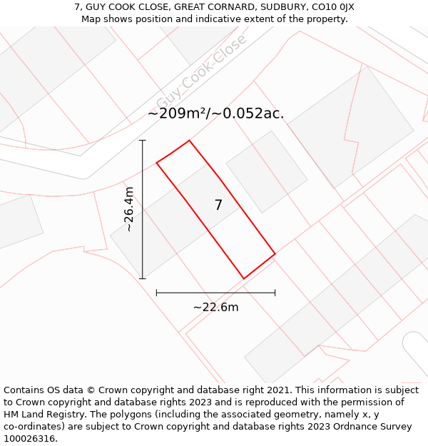 7, GUY COOK CLOSE, GREAT CORNARD, SUDBURY, CO10 0JX: Plot and title map