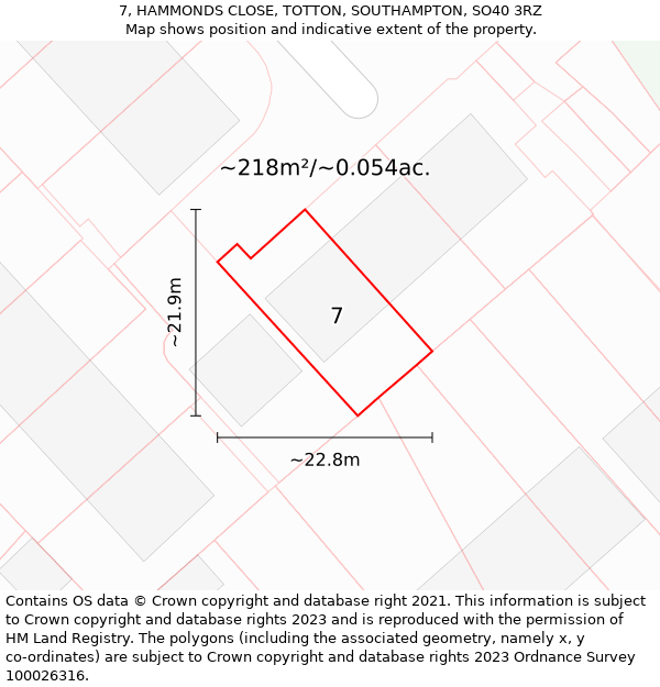 7, HAMMONDS CLOSE, TOTTON, SOUTHAMPTON, SO40 3RZ: Plot and title map