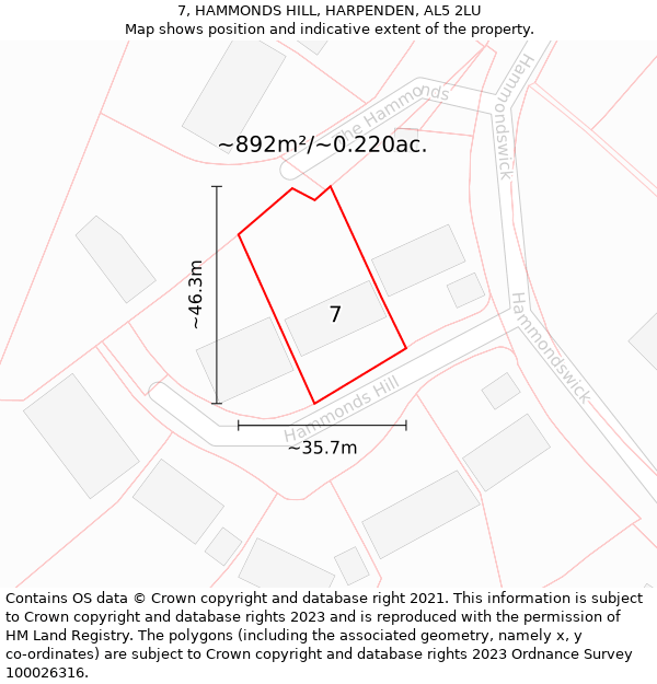 7, HAMMONDS HILL, HARPENDEN, AL5 2LU: Plot and title map