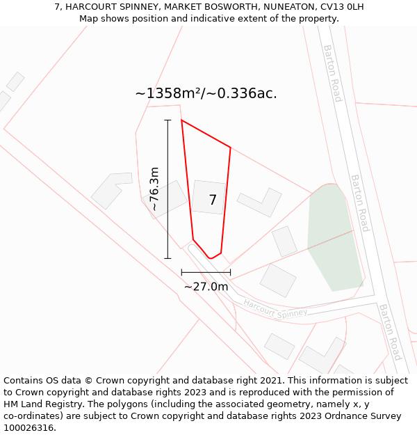 7, HARCOURT SPINNEY, MARKET BOSWORTH, NUNEATON, CV13 0LH: Plot and title map