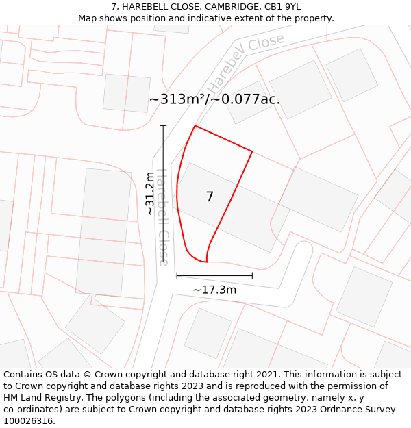 7, HAREBELL CLOSE, CAMBRIDGE, CB1 9YL: Plot and title map