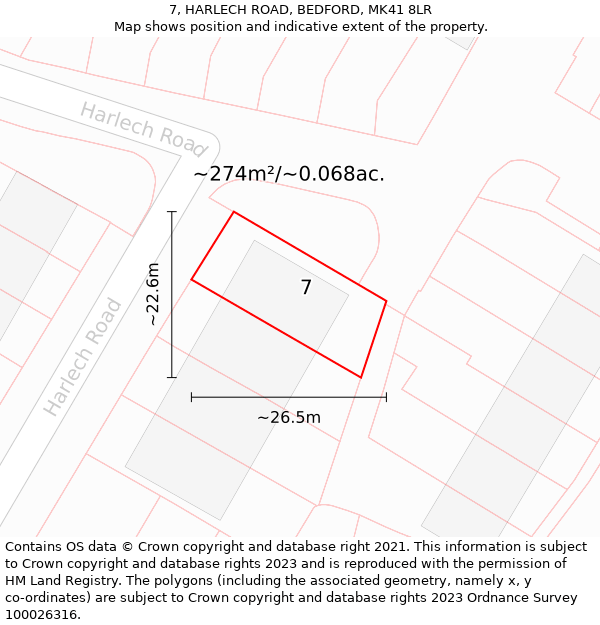 7, HARLECH ROAD, BEDFORD, MK41 8LR: Plot and title map