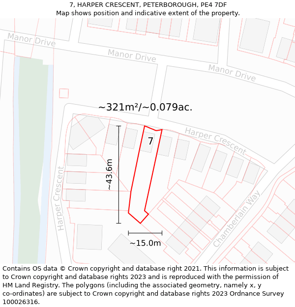 7, HARPER CRESCENT, PETERBOROUGH, PE4 7DF: Plot and title map