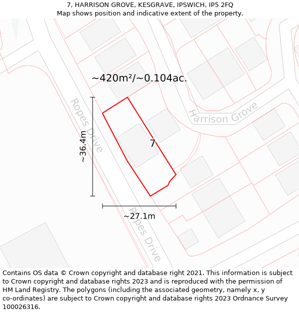 7, HARRISON GROVE, KESGRAVE, IPSWICH, IP5 2FQ: Plot and title map