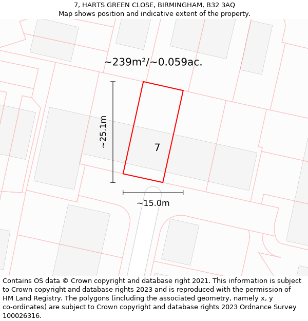 7, HARTS GREEN CLOSE, BIRMINGHAM, B32 3AQ: Plot and title map