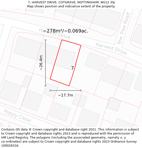 7, HARVEST DRIVE, COTGRAVE, NOTTINGHAM, NG12 3SJ: Plot and title map