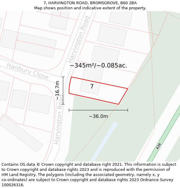 7, HARVINGTON ROAD, BROMSGROVE, B60 2BA: Plot and title map