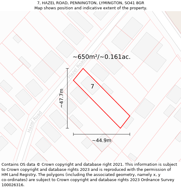 7, HAZEL ROAD, PENNINGTON, LYMINGTON, SO41 8GR: Plot and title map