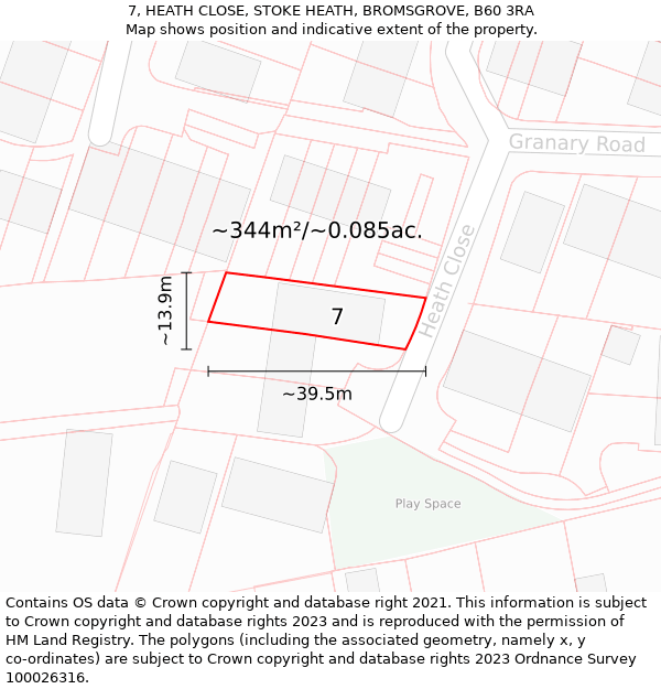 7, HEATH CLOSE, STOKE HEATH, BROMSGROVE, B60 3RA: Plot and title map