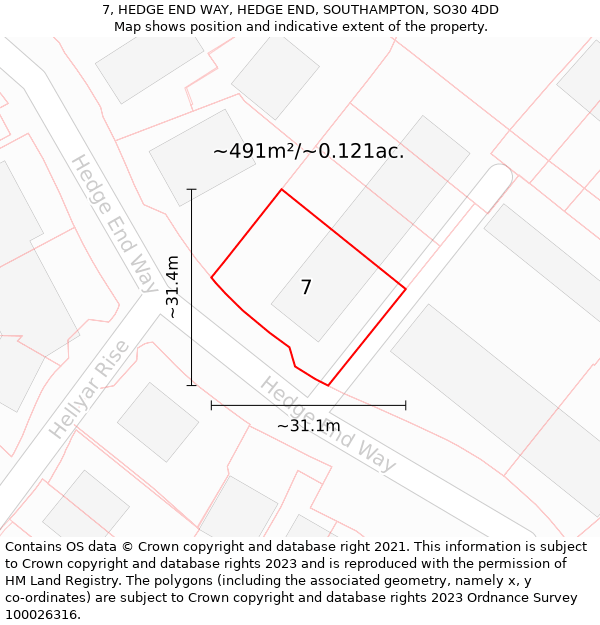 7, HEDGE END WAY, HEDGE END, SOUTHAMPTON, SO30 4DD: Plot and title map