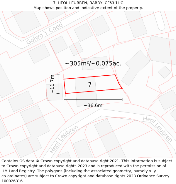 7, HEOL LEUBREN, BARRY, CF63 1HG: Plot and title map