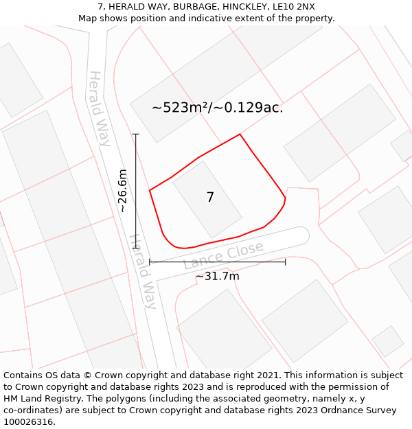 7, HERALD WAY, BURBAGE, HINCKLEY, LE10 2NX: Plot and title map