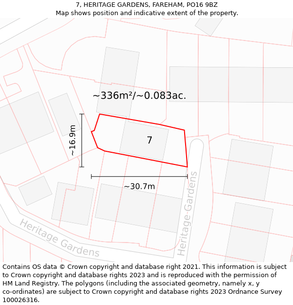 7, HERITAGE GARDENS, FAREHAM, PO16 9BZ: Plot and title map