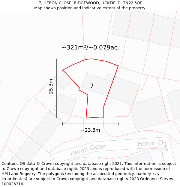 7, HERON CLOSE, RIDGEWOOD, UCKFIELD, TN22 5QF: Plot and title map