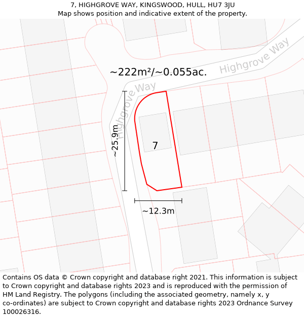 7, HIGHGROVE WAY, KINGSWOOD, HULL, HU7 3JU: Plot and title map