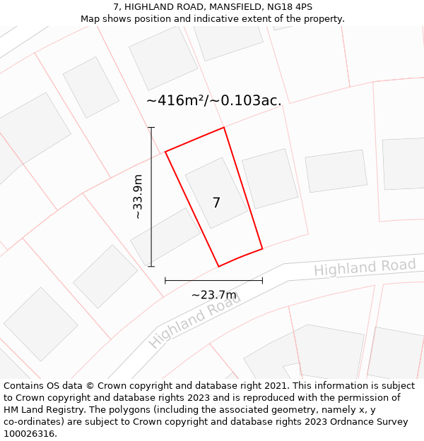 7, HIGHLAND ROAD, MANSFIELD, NG18 4PS: Plot and title map