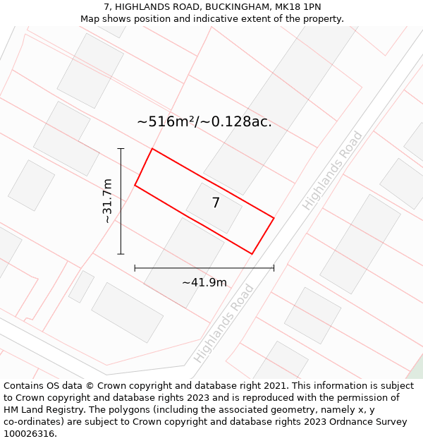 7, HIGHLANDS ROAD, BUCKINGHAM, MK18 1PN: Plot and title map