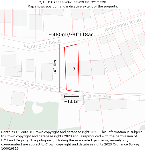 7, HILDA PEERS WAY, BEWDLEY, DY12 2DB: Plot and title map