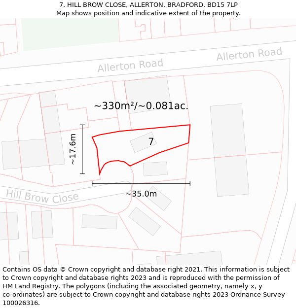 7, HILL BROW CLOSE, ALLERTON, BRADFORD, BD15 7LP: Plot and title map