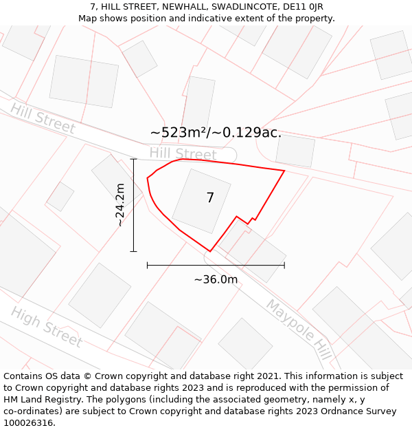 7, HILL STREET, NEWHALL, SWADLINCOTE, DE11 0JR: Plot and title map