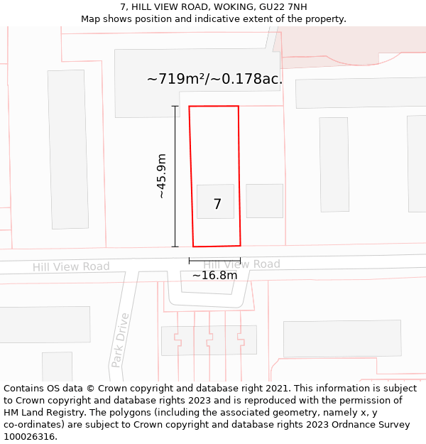 7, HILL VIEW ROAD, WOKING, GU22 7NH: Plot and title map