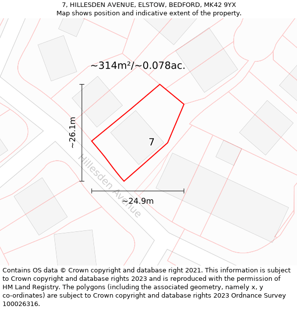 7, HILLESDEN AVENUE, ELSTOW, BEDFORD, MK42 9YX: Plot and title map