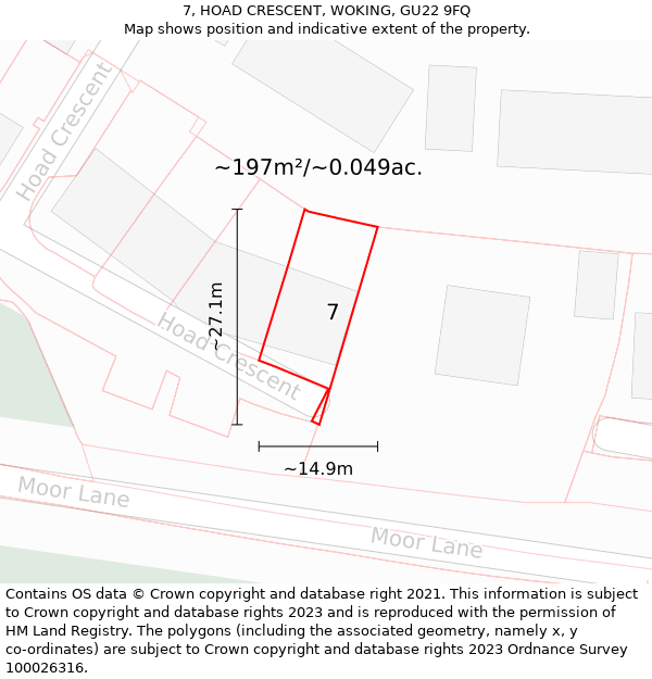 7, HOAD CRESCENT, WOKING, GU22 9FQ: Plot and title map