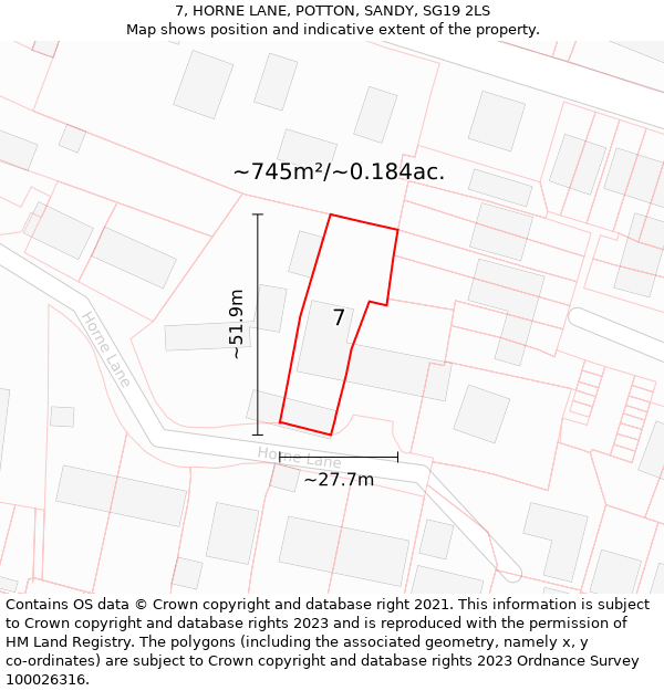 7, HORNE LANE, POTTON, SANDY, SG19 2LS: Plot and title map