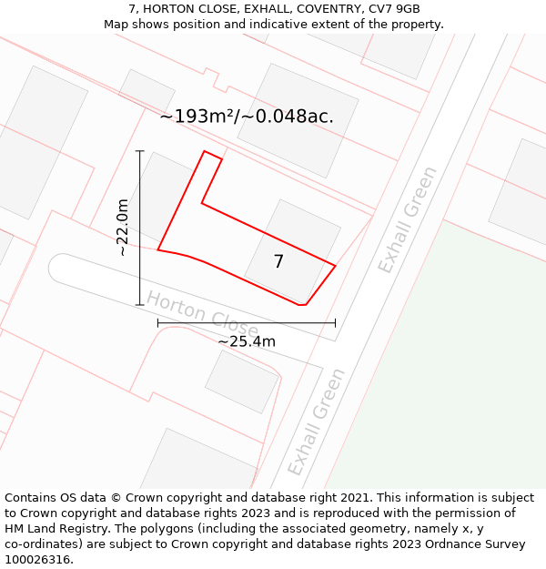 7, HORTON CLOSE, EXHALL, COVENTRY, CV7 9GB: Plot and title map