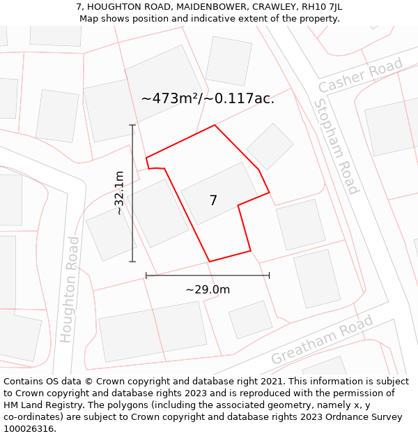 7, HOUGHTON ROAD, MAIDENBOWER, CRAWLEY, RH10 7JL: Plot and title map