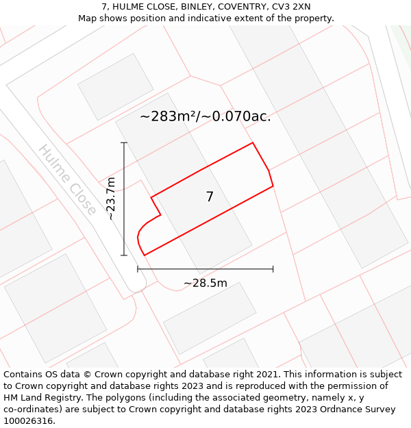 7, HULME CLOSE, BINLEY, COVENTRY, CV3 2XN: Plot and title map