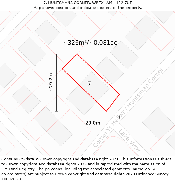 7, HUNTSMANS CORNER, WREXHAM, LL12 7UE: Plot and title map