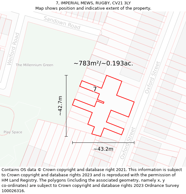 7, IMPERIAL MEWS, RUGBY, CV21 3LY: Plot and title map