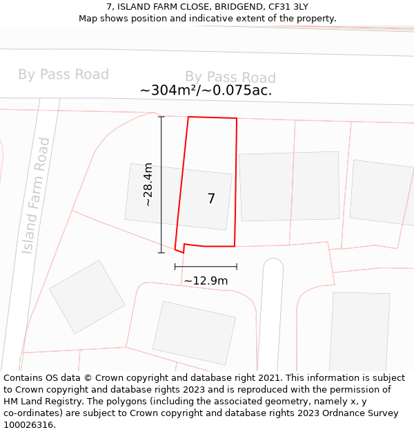 7, ISLAND FARM CLOSE, BRIDGEND, CF31 3LY: Plot and title map