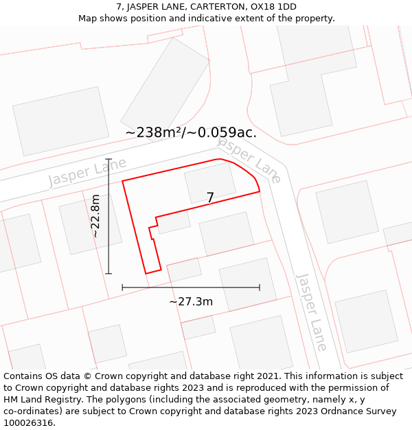 7, JASPER LANE, CARTERTON, OX18 1DD: Plot and title map