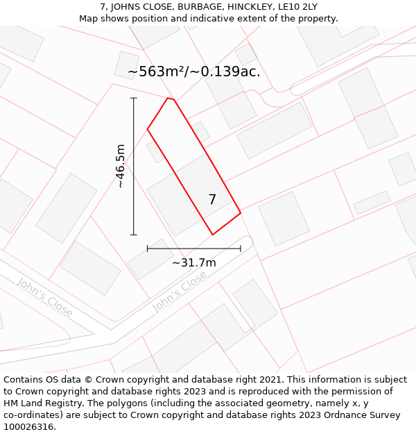 7, JOHNS CLOSE, BURBAGE, HINCKLEY, LE10 2LY: Plot and title map