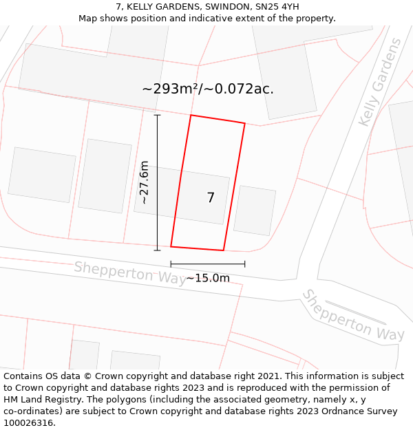 7, KELLY GARDENS, SWINDON, SN25 4YH: Plot and title map