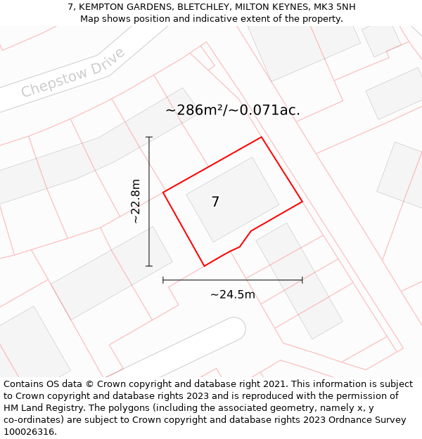 7, KEMPTON GARDENS, BLETCHLEY, MILTON KEYNES, MK3 5NH: Plot and title map