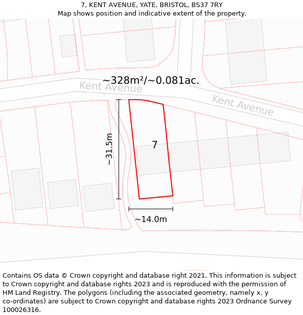 7, KENT AVENUE, YATE, BRISTOL, BS37 7RY: Plot and title map