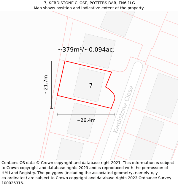 7, KERDISTONE CLOSE, POTTERS BAR, EN6 1LG: Plot and title map