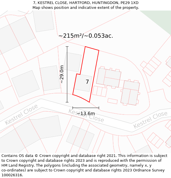 7, KESTREL CLOSE, HARTFORD, HUNTINGDON, PE29 1XD: Plot and title map