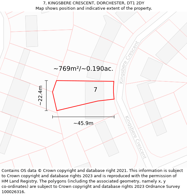 7, KINGSBERE CRESCENT, DORCHESTER, DT1 2DY: Plot and title map