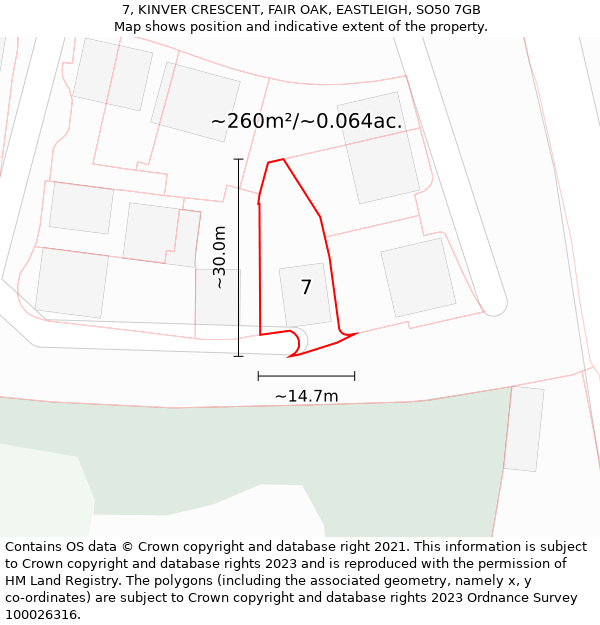 7, KINVER CRESCENT, FAIR OAK, EASTLEIGH, SO50 7GB: Plot and title map