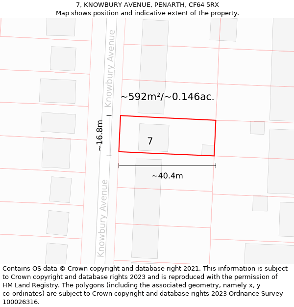 7, KNOWBURY AVENUE, PENARTH, CF64 5RX: Plot and title map